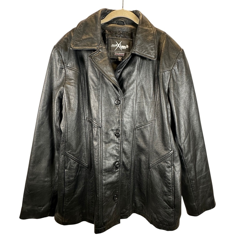 Wilsons Leather Maxima Black Leather Button Up Jacket XL Womens Vintage